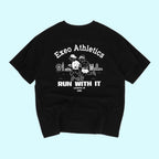 Black t-shirt with white graphics and text on a light blue background