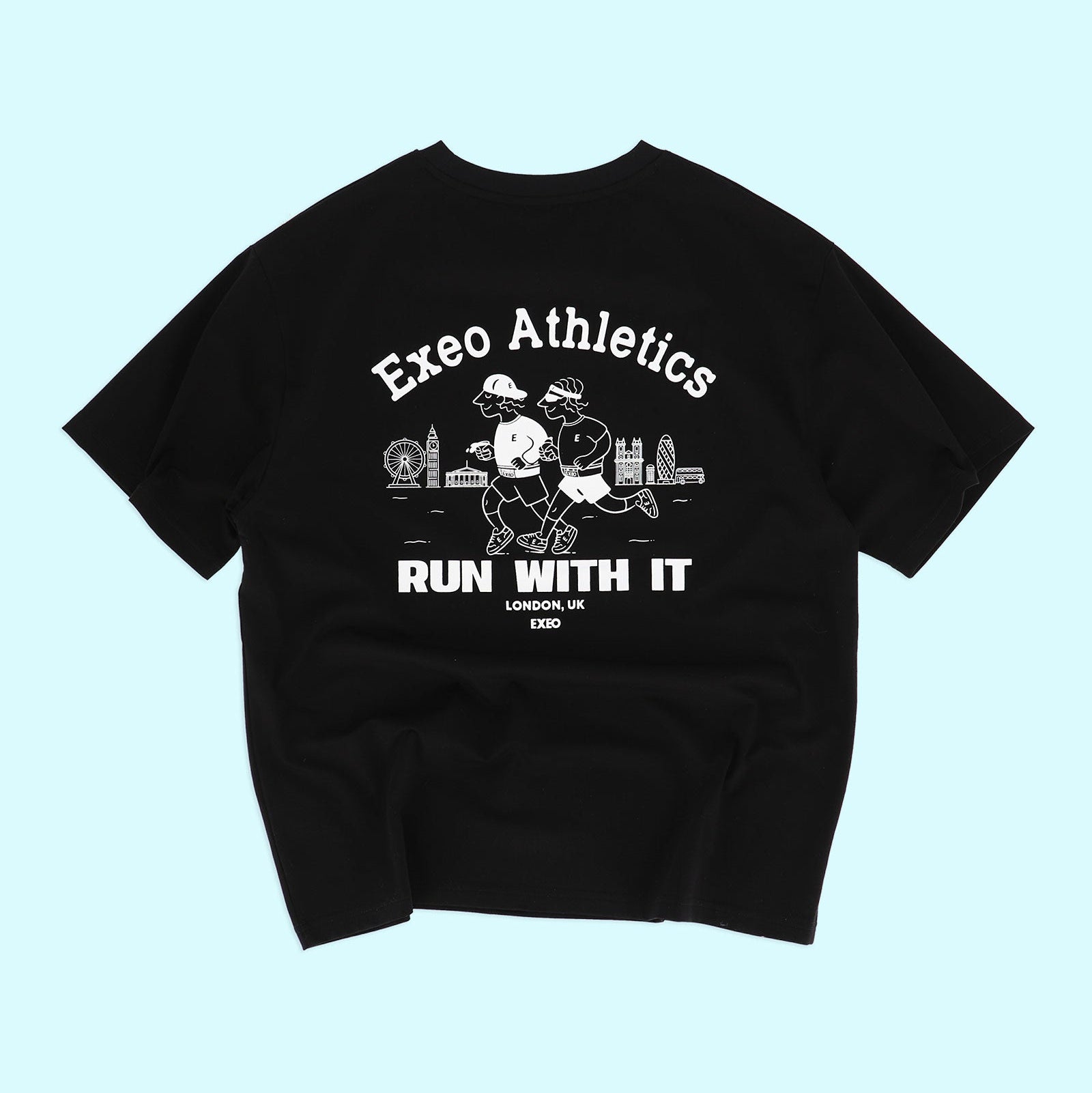 Black t-shirt with white graphics and text on a light blue background