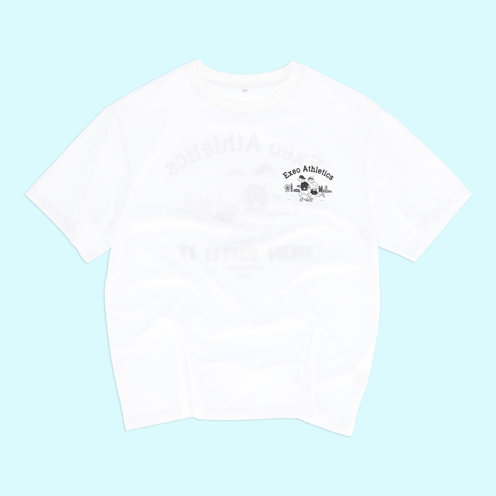 White t-shirt with a small graphic on a light blue background